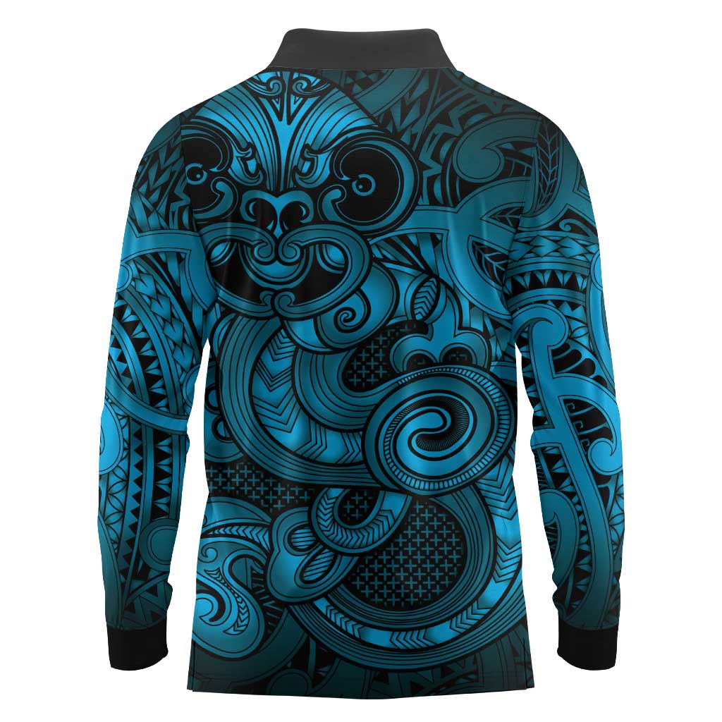 Aotearoa Maori Hei Tiki Long Sleeve Polo Shirt Kikorangi Kowhaiwhai Puhoro Motif