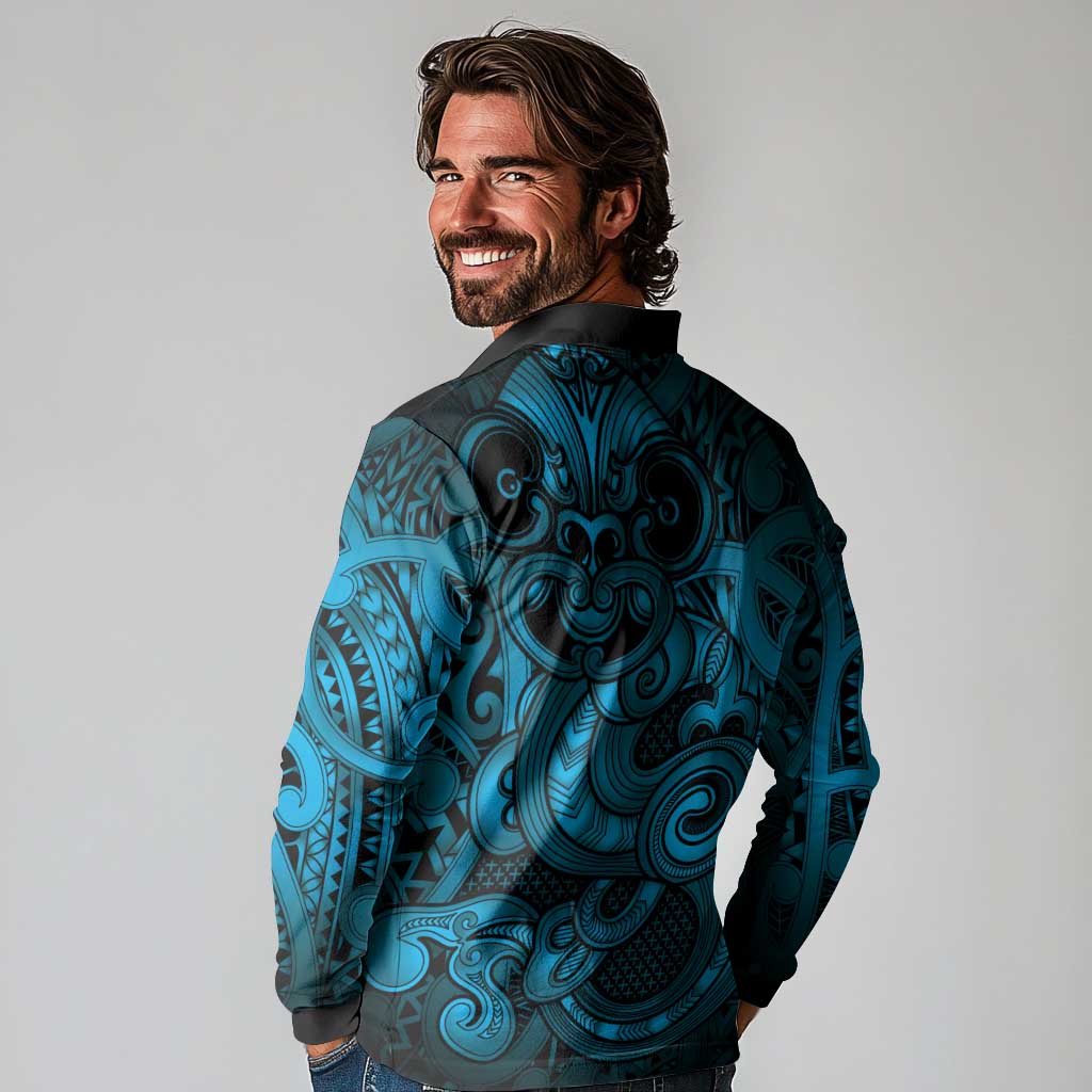 Aotearoa Maori Hei Tiki Long Sleeve Polo Shirt Kikorangi Kowhaiwhai Puhoro Motif