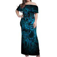 Aotearoa Maori Hei Tiki Off Shoulder Maxi Dress Kikorangi Kowhaiwhai Puhoro Motif