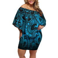 Aotearoa Maori Hei Tiki Off Shoulder Short Dress Kikorangi Kowhaiwhai Puhoro Motif LT9 Women Blue - Polynesian Pride