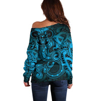 Aotearoa Maori Hei Tiki Off Shoulder Sweater Kikorangi Kowhaiwhai Puhoro Motif LT9 - Polynesian Pride