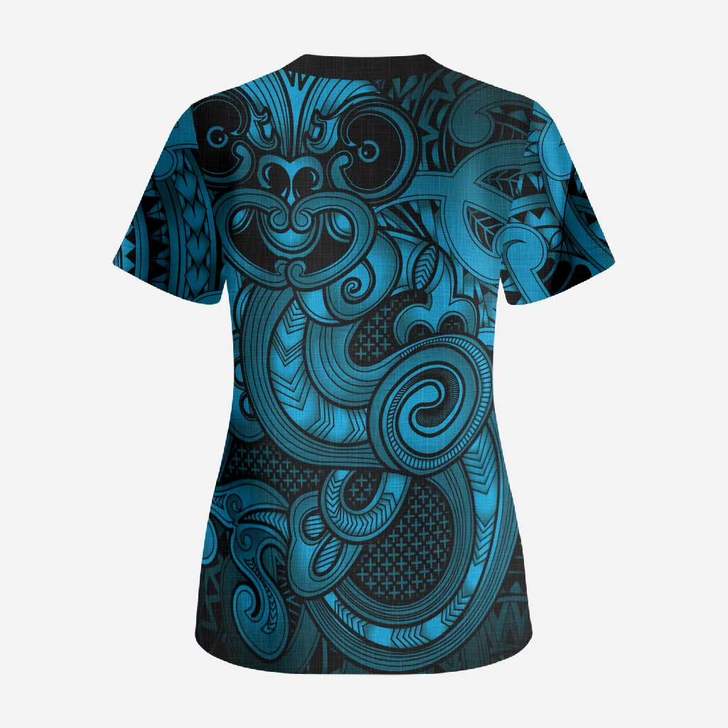 Aotearoa Maori Hei Tiki Scrub Top Kikorangi Kowhaiwhai Puhoro Motif LT9 - Polynesian Pride