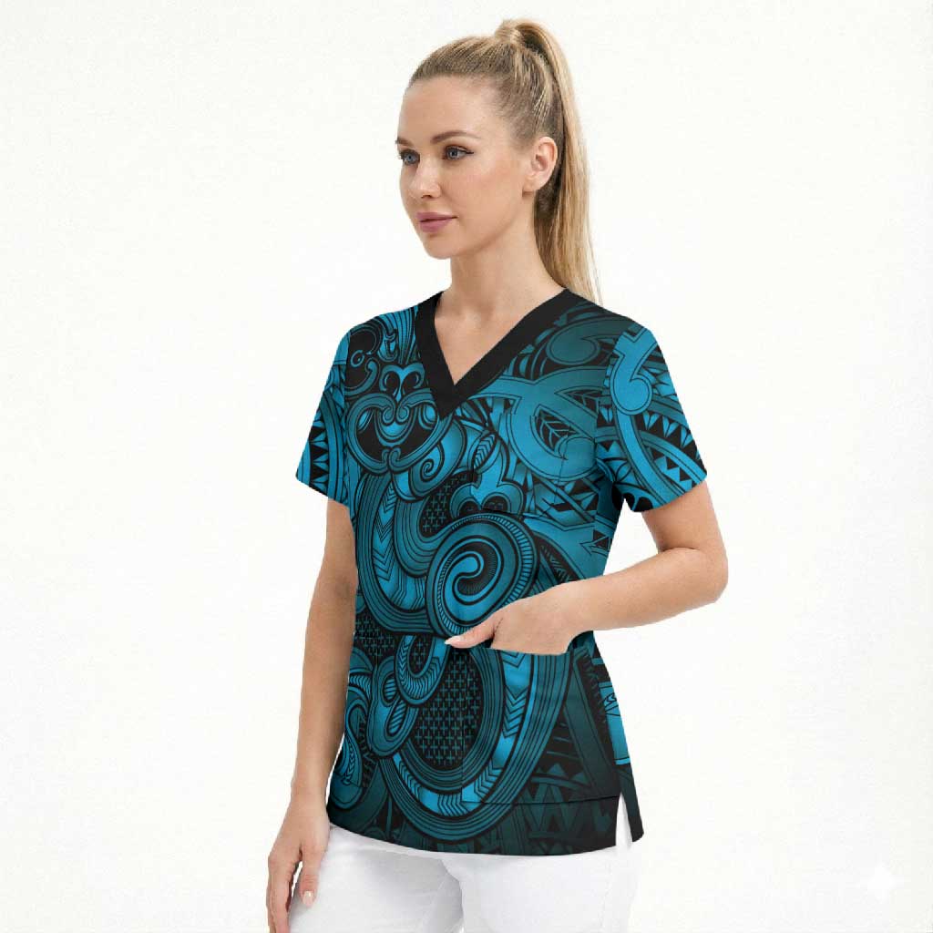 Aotearoa Maori Hei Tiki Scrub Top Kikorangi Kowhaiwhai Puhoro Motif LT9 - Polynesian Pride