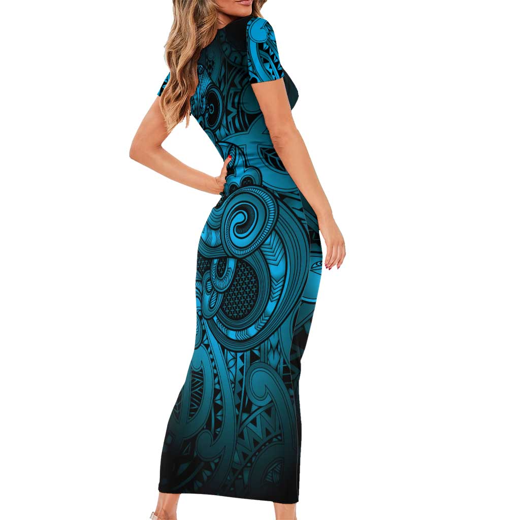 Aotearoa Maori Hei Tiki Short Sleeve Bodycon Dress Kikorangi Kowhaiwhai Puhoro Motif
