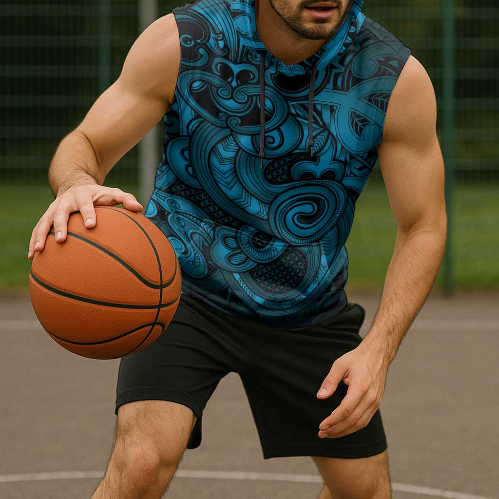 Aotearoa Maori Hei Tiki Sleeveless Hoodie Kikorangi Kowhaiwhai Puhoro Motif