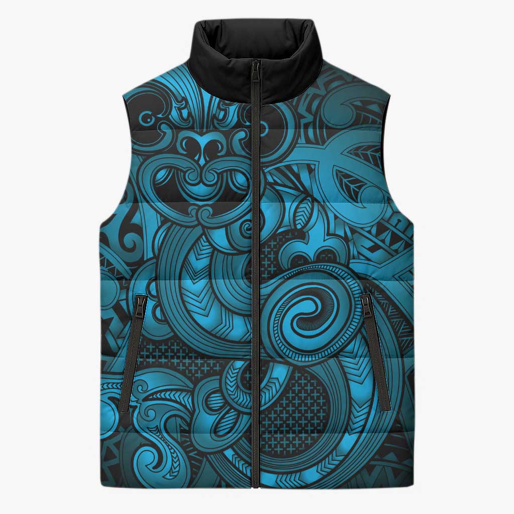 Aotearoa Maori Hei Tiki Sleeveless Puffer Jacket Kikorangi Kowhaiwhai Puhoro Motif LT9 Unisex Blue - Polynesian Pride