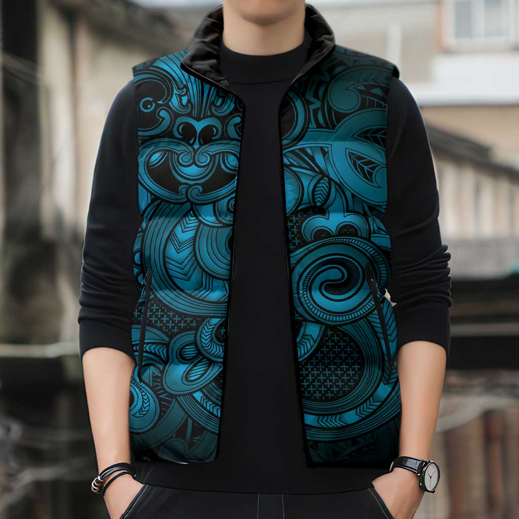 Aotearoa Maori Hei Tiki Sleeveless Puffer Jacket Kikorangi Kowhaiwhai Puhoro Motif LT9 - Polynesian Pride