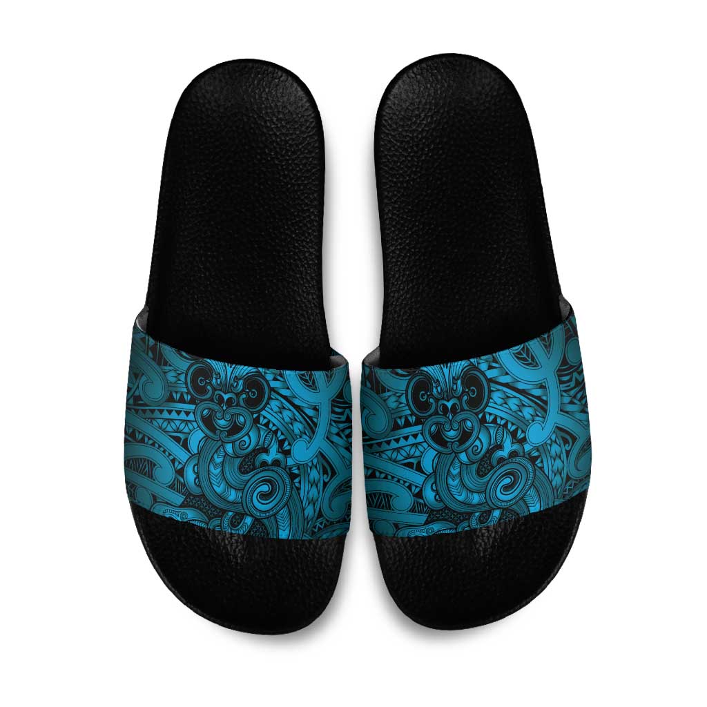 Aotearoa Maori Hei Tiki Slide Sandals Kikorangi Kowhaiwhai Puhoro Motif