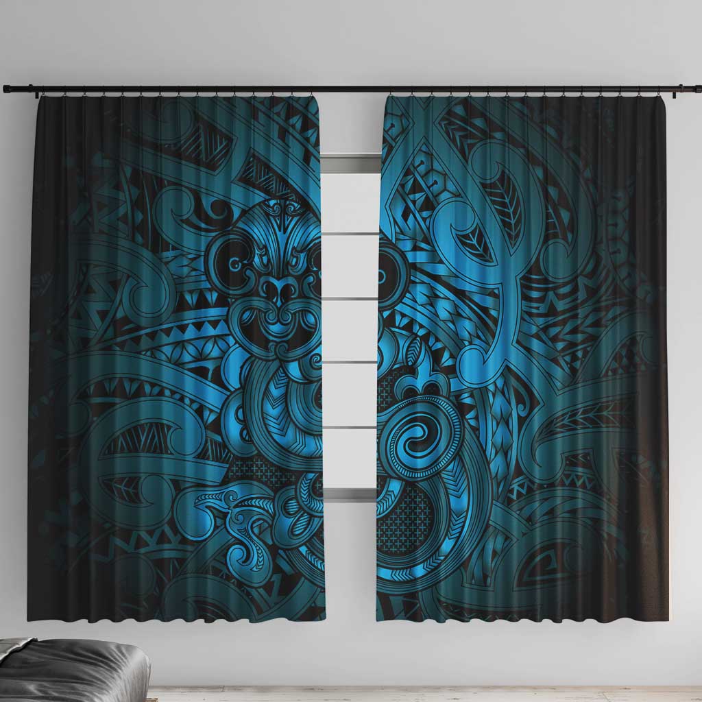 Aotearoa Maori Hei Tiki Window Curtain Kikorangi Kowhaiwhai Puhoro Motif LT9 With Hooks Blue - Polynesian Pride