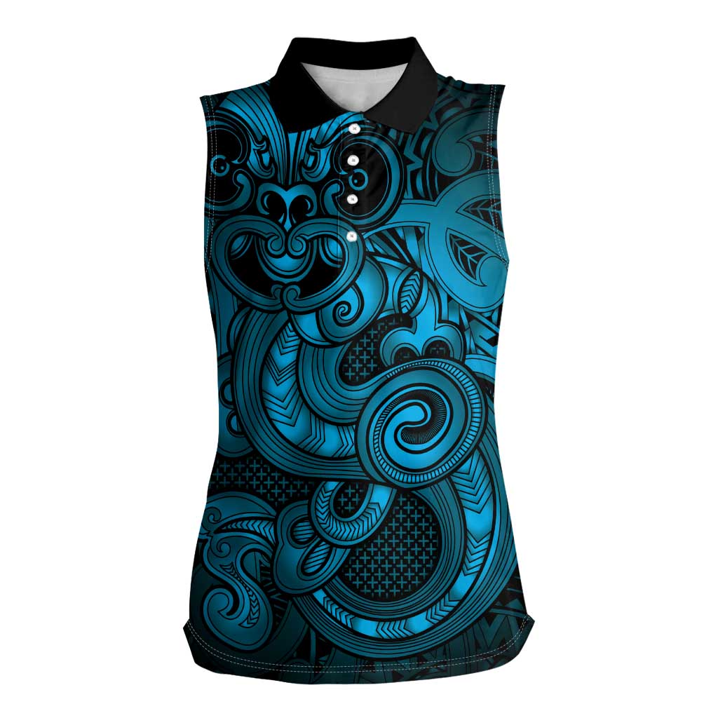 Aotearoa Maori Hei Tiki Women Sleeveless Polo Shirt Kikorangi Kowhaiwhai Puhoro Motif