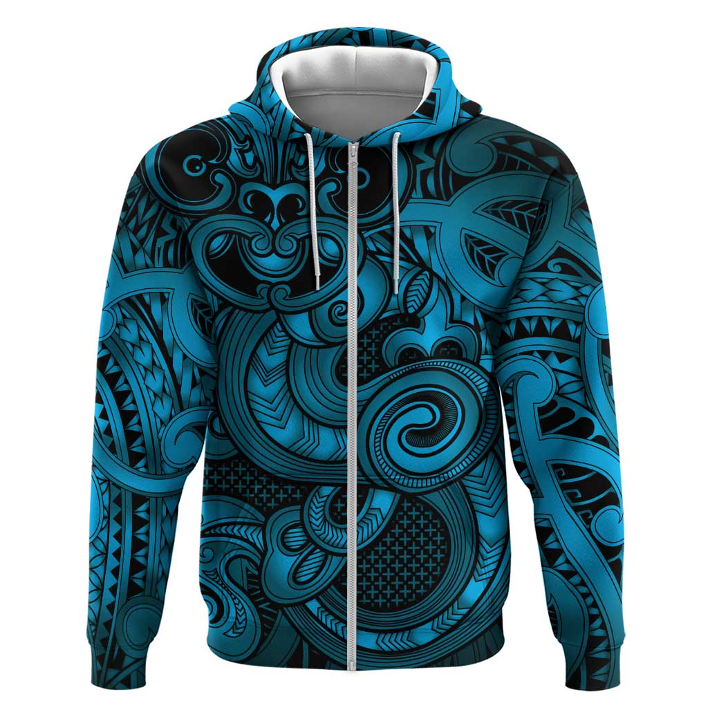 Aotearoa Maori Hei Tiki Zip Hoodie Kikorangi Kowhaiwhai Puhoro Motif LT9 Zip Hoodie Blue - Polynesian Pride