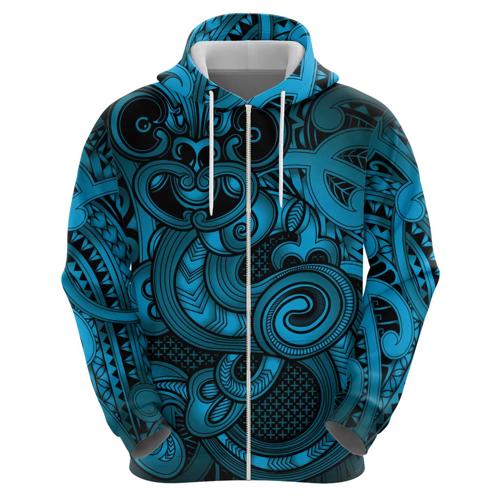 Aotearoa Maori Hei Tiki Zip Hoodie Kikorangi Kowhaiwhai Puhoro Motif LT9 - Polynesian Pride
