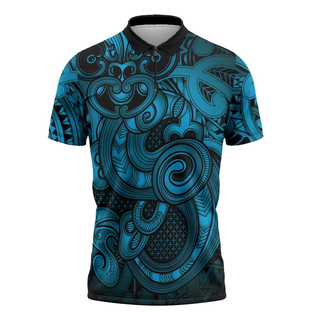 Aotearoa Maori Hei Tiki Zipper Polo Shirt Kikorangi Kowhaiwhai Puhoro Motif