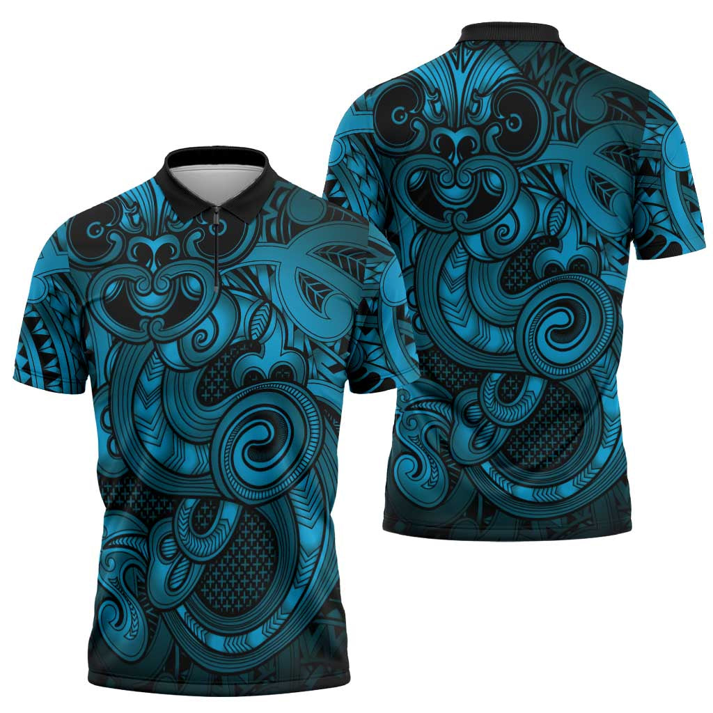Aotearoa Maori Hei Tiki Zipper Polo Shirt Kikorangi Kowhaiwhai Puhoro Motif