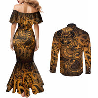 Aotearoa Maori Hei Tiki Couples Matching Mermaid Dress and Long Sleeve Button Shirt Koura Kowhaiwhai Puhoro Motif