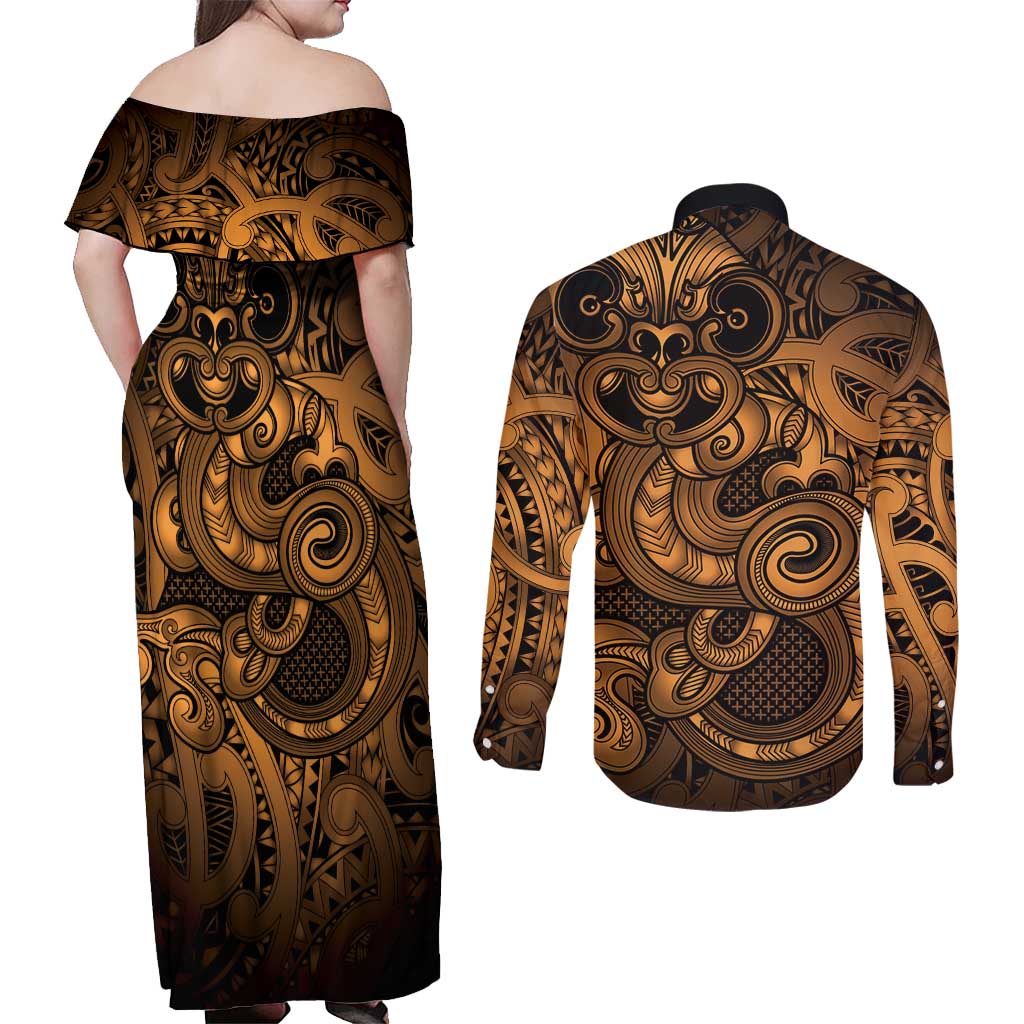Aotearoa Maori Hei Tiki Couples Matching Off Shoulder Maxi Dress and Long Sleeve Button Shirt Koura Kowhaiwhai Puhoro Motif