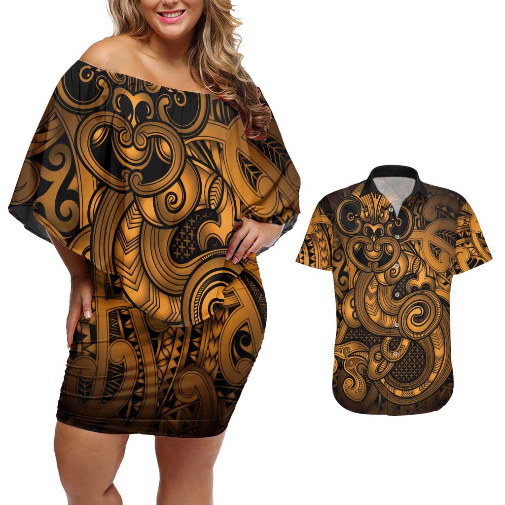 Aotearoa Maori Hei Tiki Couples Matching Off Shoulder Short Dress and Hawaiian Shirt Koura Kowhaiwhai Puhoro Motif LT9 Gold - Polynesian Pride