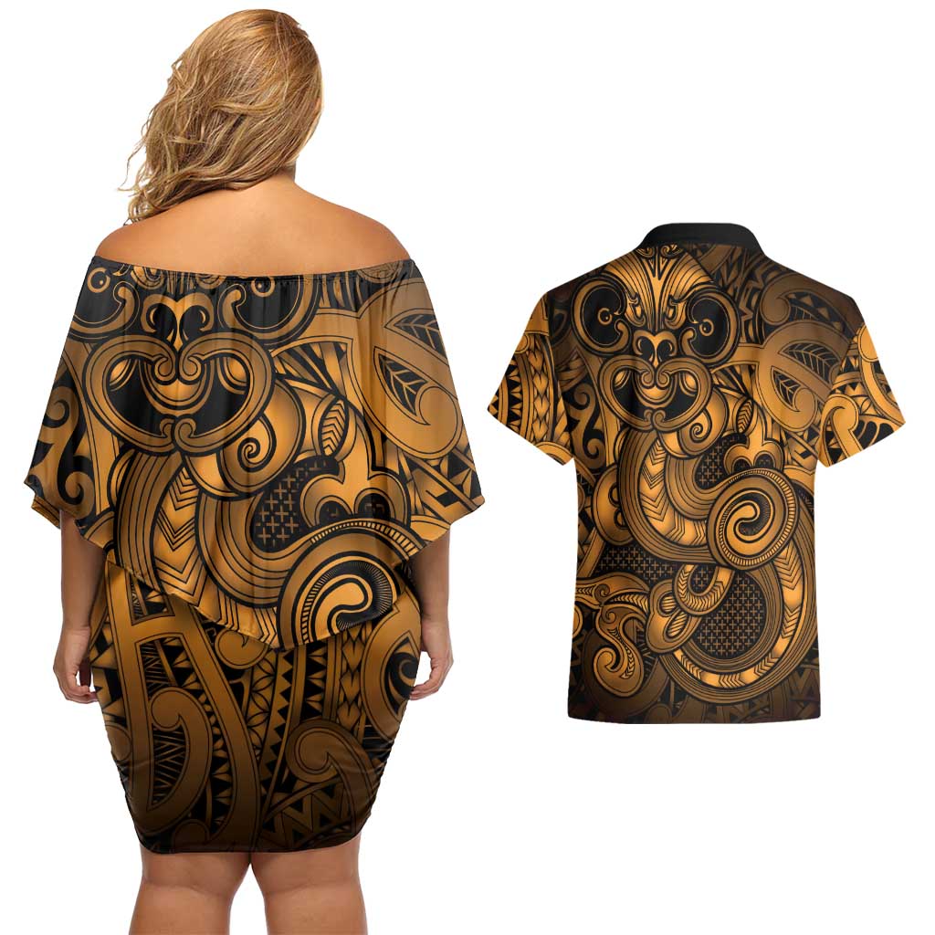 Aotearoa Maori Hei Tiki Couples Matching Off Shoulder Short Dress and Hawaiian Shirt Koura Kowhaiwhai Puhoro Motif LT9 - Polynesian Pride