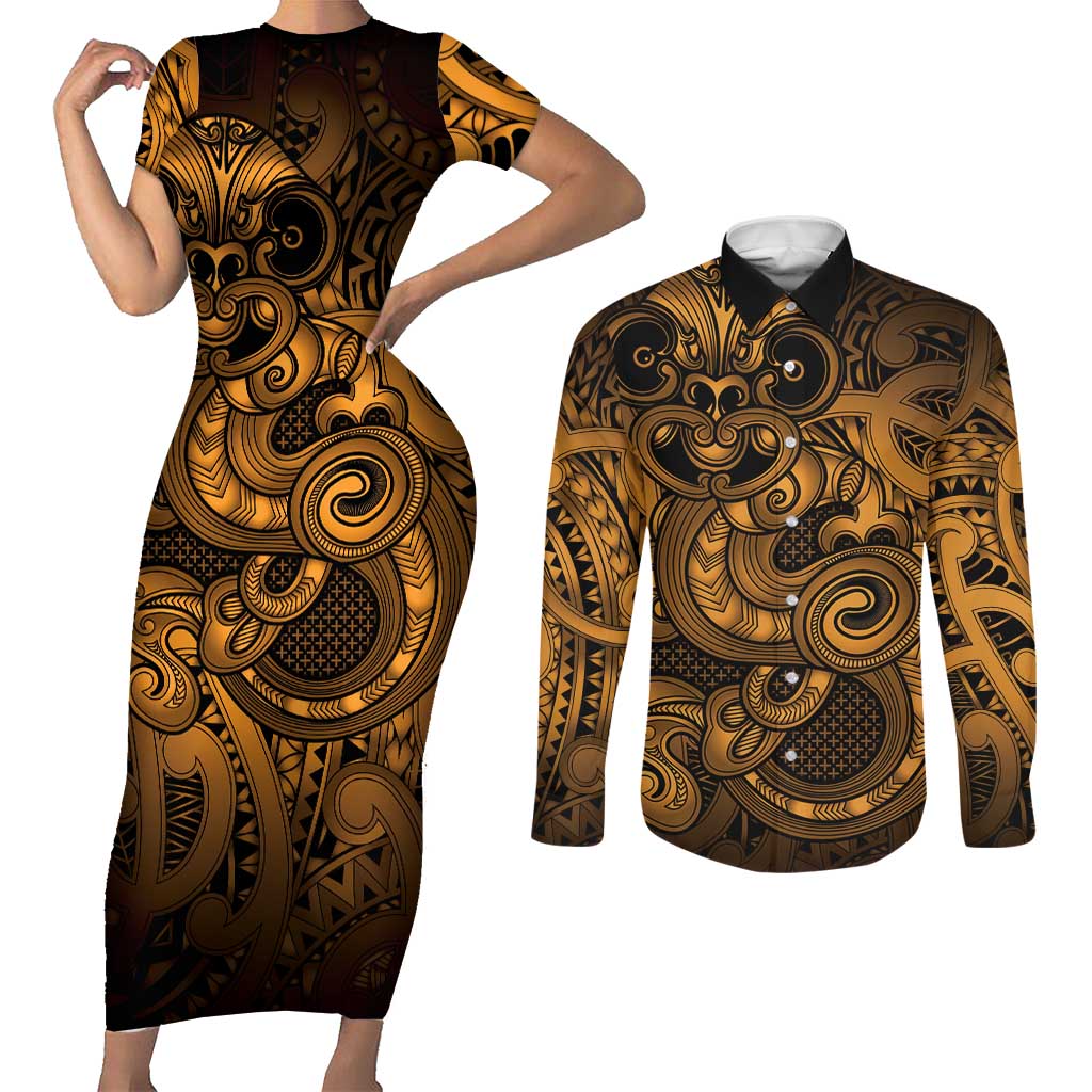 Aotearoa Maori Hei Tiki Couples Matching Short Sleeve Bodycon Dress and Long Sleeve Button Shirt Koura Kowhaiwhai Puhoro Motif