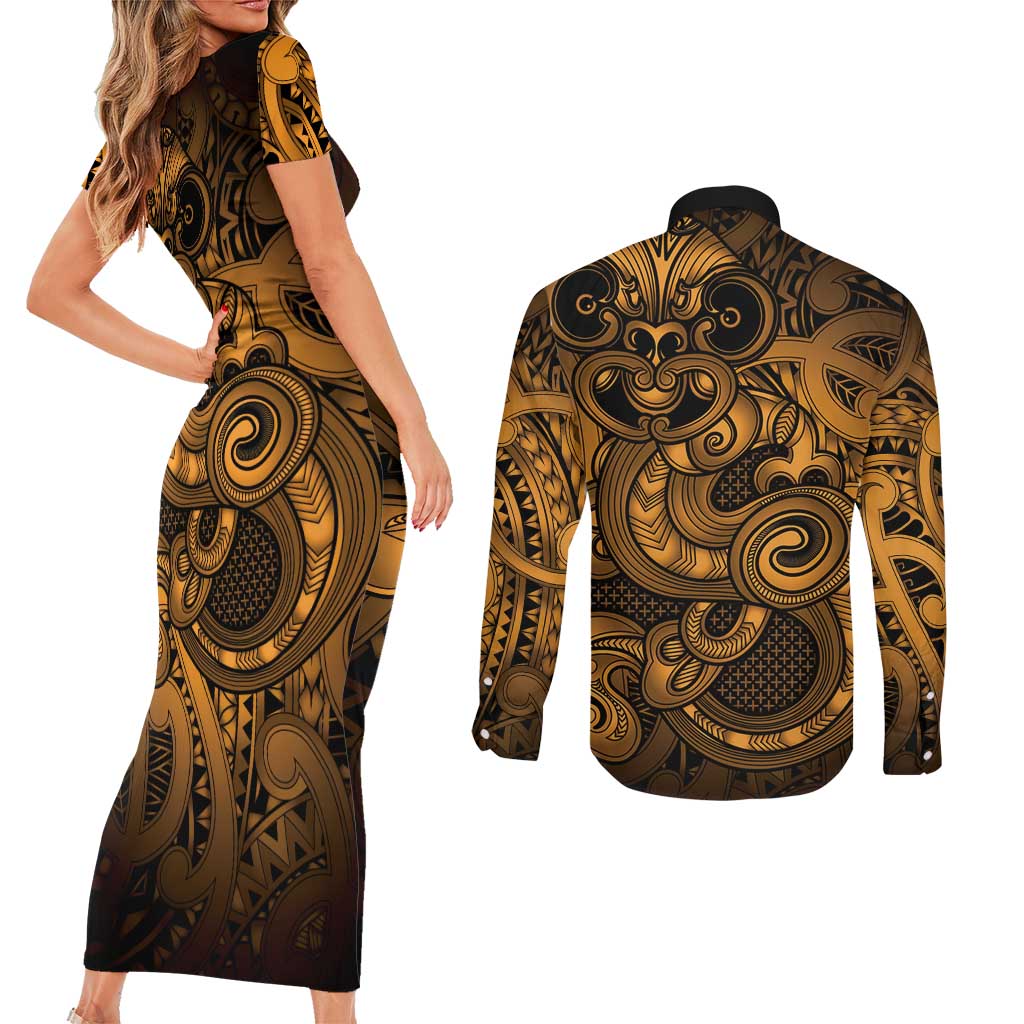 Aotearoa Maori Hei Tiki Couples Matching Short Sleeve Bodycon Dress and Long Sleeve Button Shirt Koura Kowhaiwhai Puhoro Motif