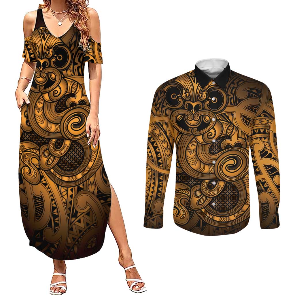 Aotearoa Maori Hei Tiki Couples Matching Summer Maxi Dress and Long Sleeve Button Shirt Koura Kowhaiwhai Puhoro Motif