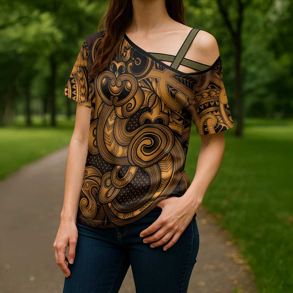 Aotearoa Maori Hei Tiki Cross Shoulder Shirt Koura Kowhaiwhai Puhoro Motif LT9 - Polynesian Pride