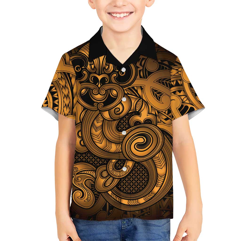 Aotearoa Maori Hei Tiki Family Matching Long Sleeve Bodycon Dress and Hawaiian Shirt Koura Kowhaiwhai Puhoro Motif LT9 Son's Shirt Gold - Polynesian Pride