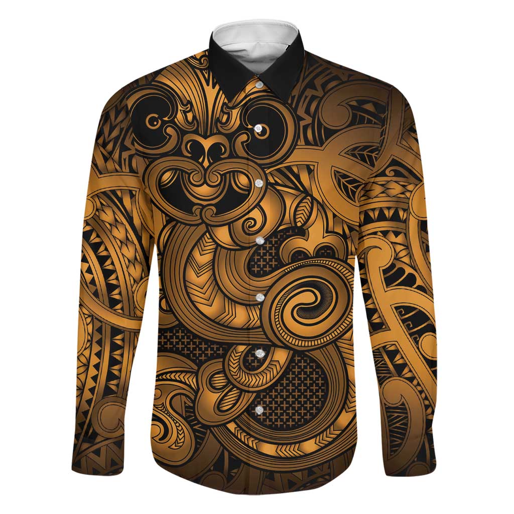 Aotearoa Maori Hei Tiki Family Matching Off Shoulder Maxi Dress and Hawaiian Shirt Koura Kowhaiwhai Puhoro Motif LT9 Dad's Shirt - Long Sleeve Gold - Polynesian Pride