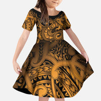 Aotearoa Maori Hei Tiki Family Matching Off Shoulder Short Dress and Hawaiian Shirt Koura Kowhaiwhai Puhoro Motif LT9 Daughter's Dress Gold - Polynesian Pride