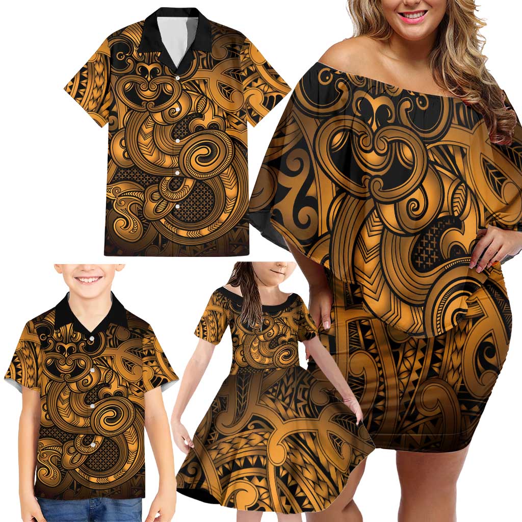 Aotearoa Maori Hei Tiki Family Matching Off Shoulder Short Dress and Hawaiian Shirt Koura Kowhaiwhai Puhoro Motif
