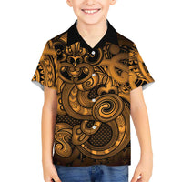 Aotearoa Maori Hei Tiki Family Matching Off Shoulder Short Dress and Hawaiian Shirt Koura Kowhaiwhai Puhoro Motif LT9 Son's Shirt Gold - Polynesian Pride