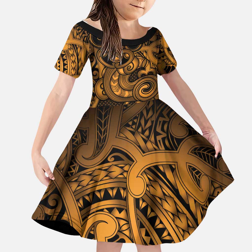 Aotearoa Maori Hei Tiki Family Matching Tank Maxi Dress and Hawaiian Shirt Koura Kowhaiwhai Puhoro Motif LT9 Daughter's Dress Gold - Polynesian Pride