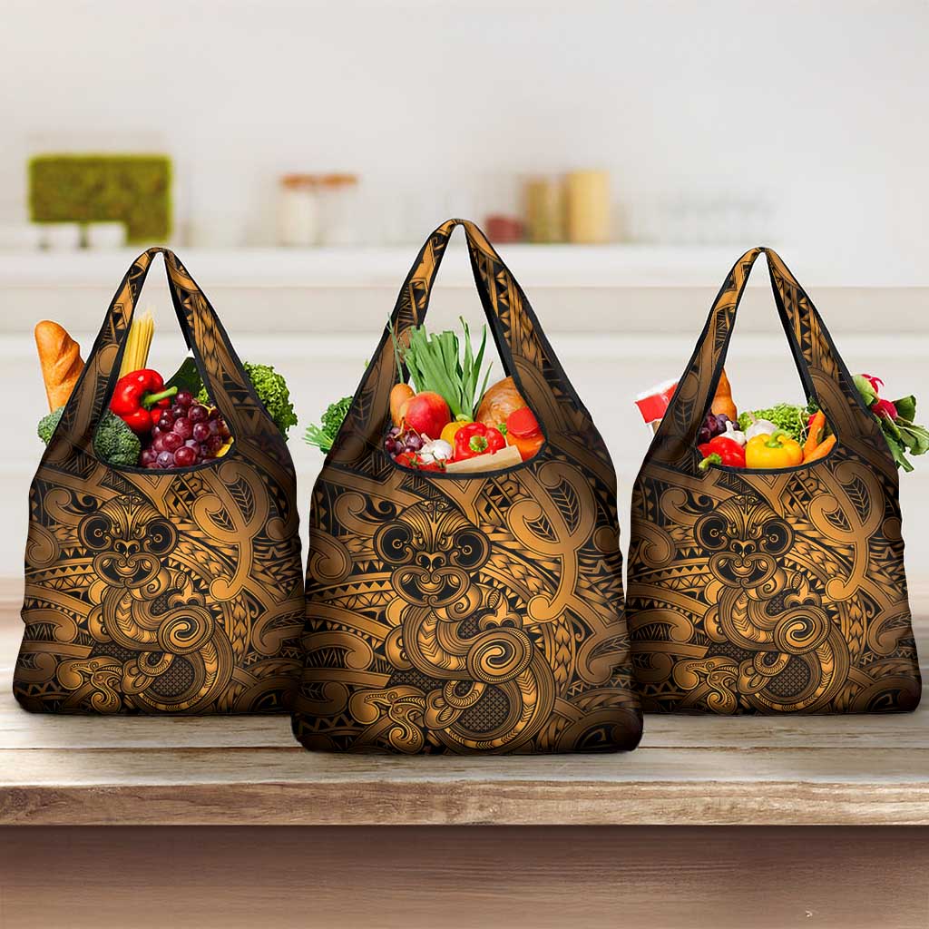 Aotearoa Maori Hei Tiki Grocery Bag Koura Kowhaiwhai Puhoro Motif LT9 3-pack One Size Gold - Polynesian Pride