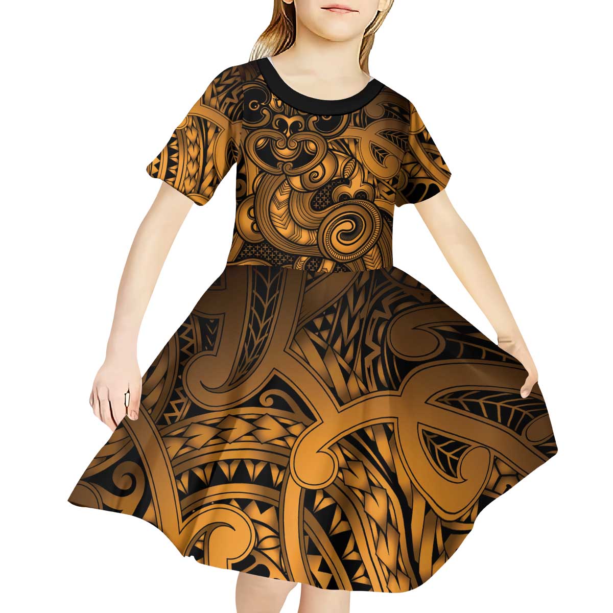 Aotearoa Maori Hei Tiki Kid Short Sleeve Dress Koura Kowhaiwhai Puhoro Motif
