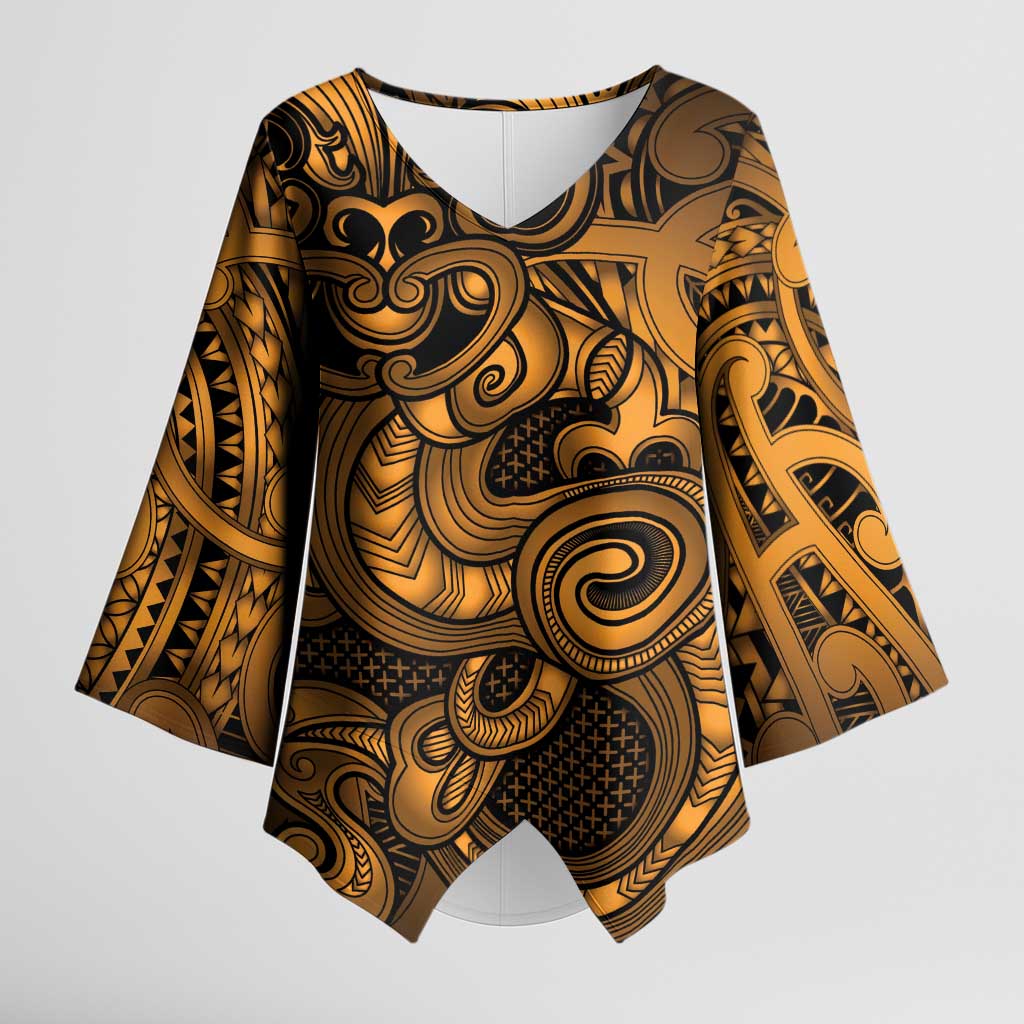 Aotearoa Maori Hei Tiki Kimono Sleeve Blouse Koura Kowhaiwhai Puhoro Motif LT9 Female Gold - Polynesian Pride