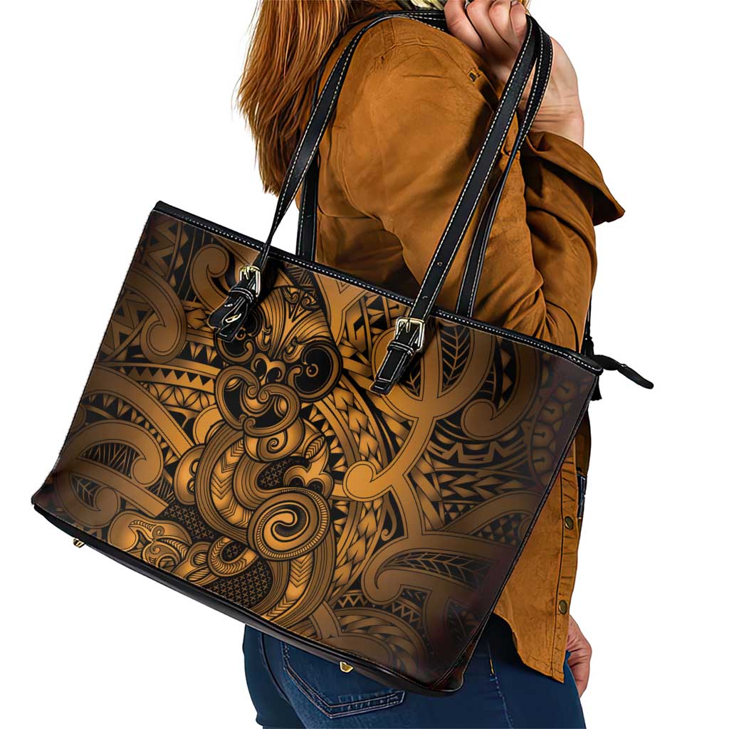 Aotearoa Maori Hei Tiki Leather Tote Bag Koura Kowhaiwhai Puhoro Motif