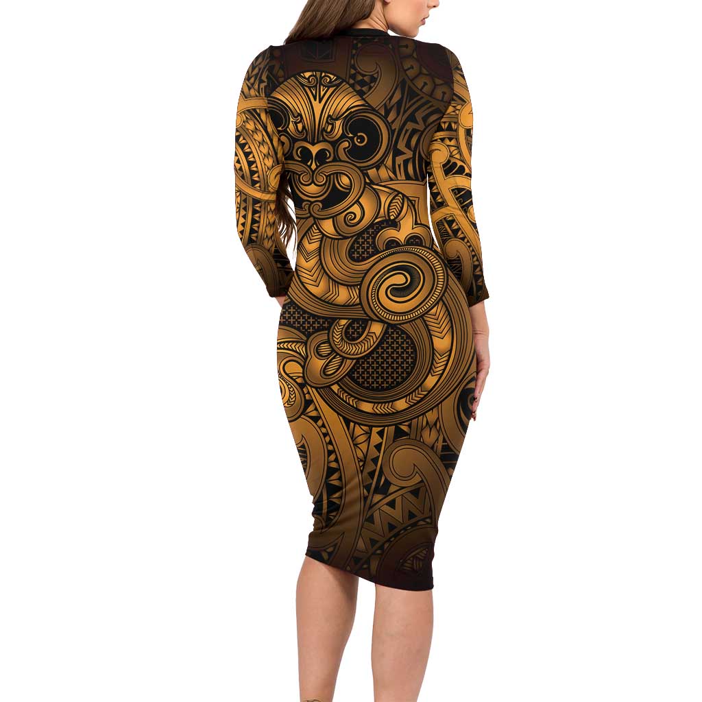 Aotearoa Maori Hei Tiki Long Sleeve Bodycon Dress Koura Kowhaiwhai Puhoro Motif