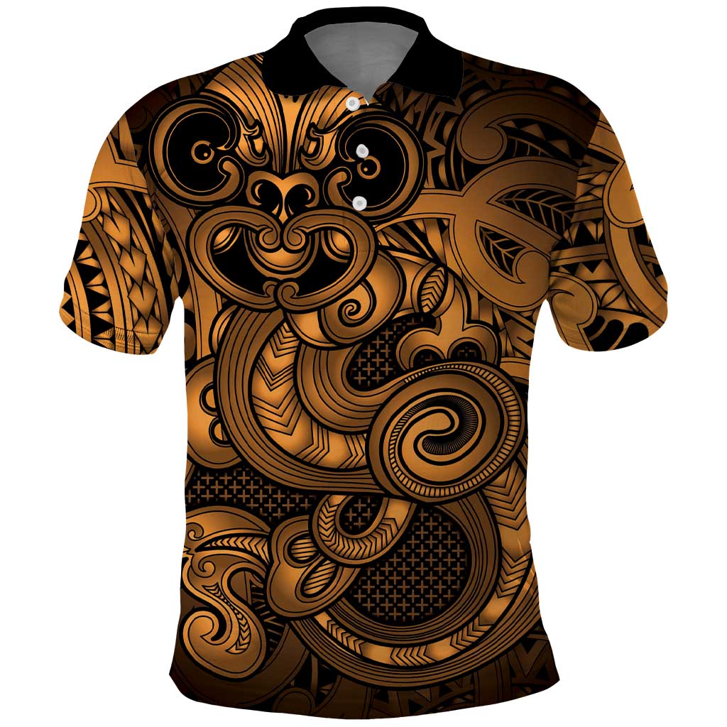 Aotearoa Maori Hei Tiki Polo Shirt Koura Kowhaiwhai Puhoro Motif LT9 Gold - Polynesian Pride