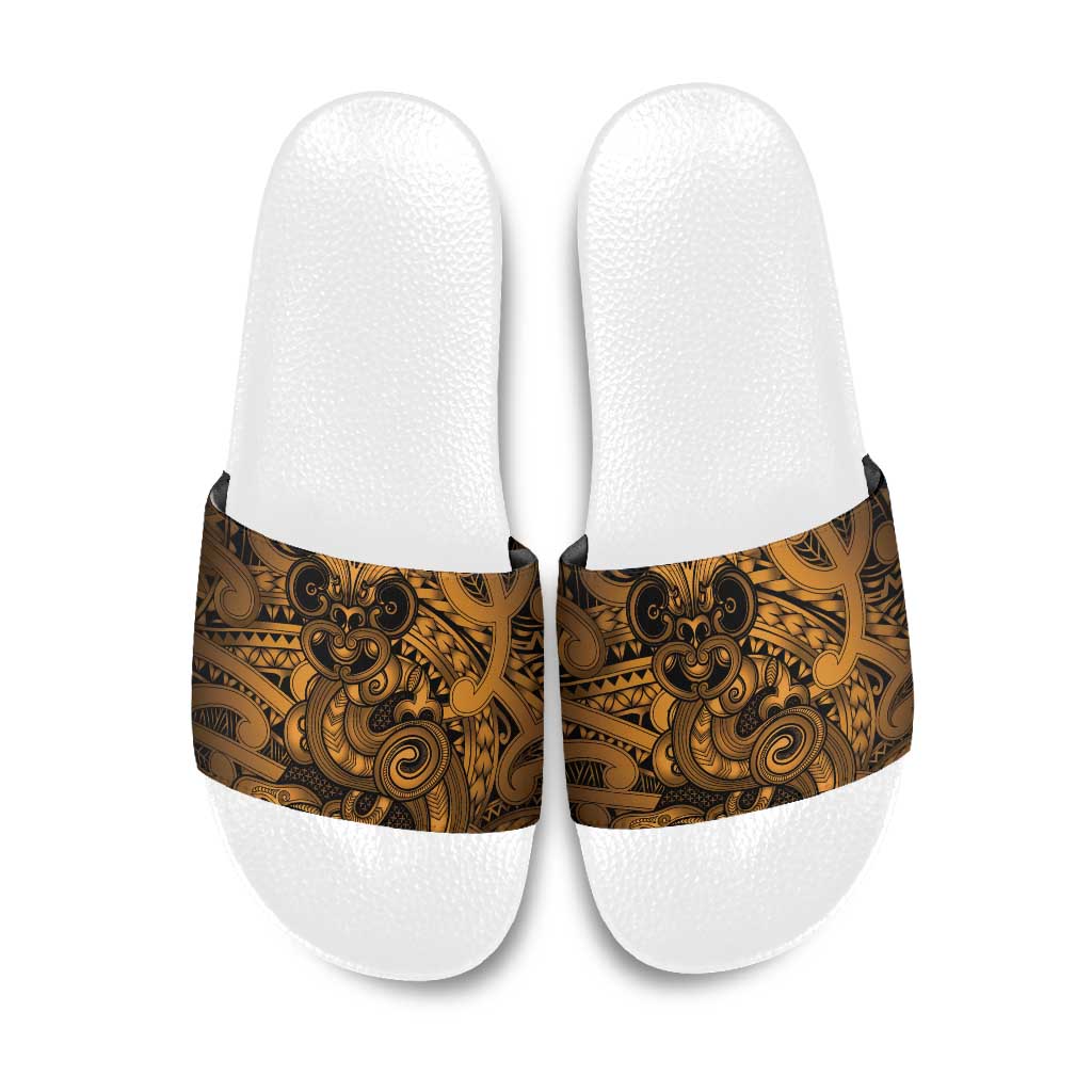 Aotearoa Maori Hei Tiki Slide Sandals Koura Kowhaiwhai Puhoro Motif LT9 Gold - Polynesian Pride