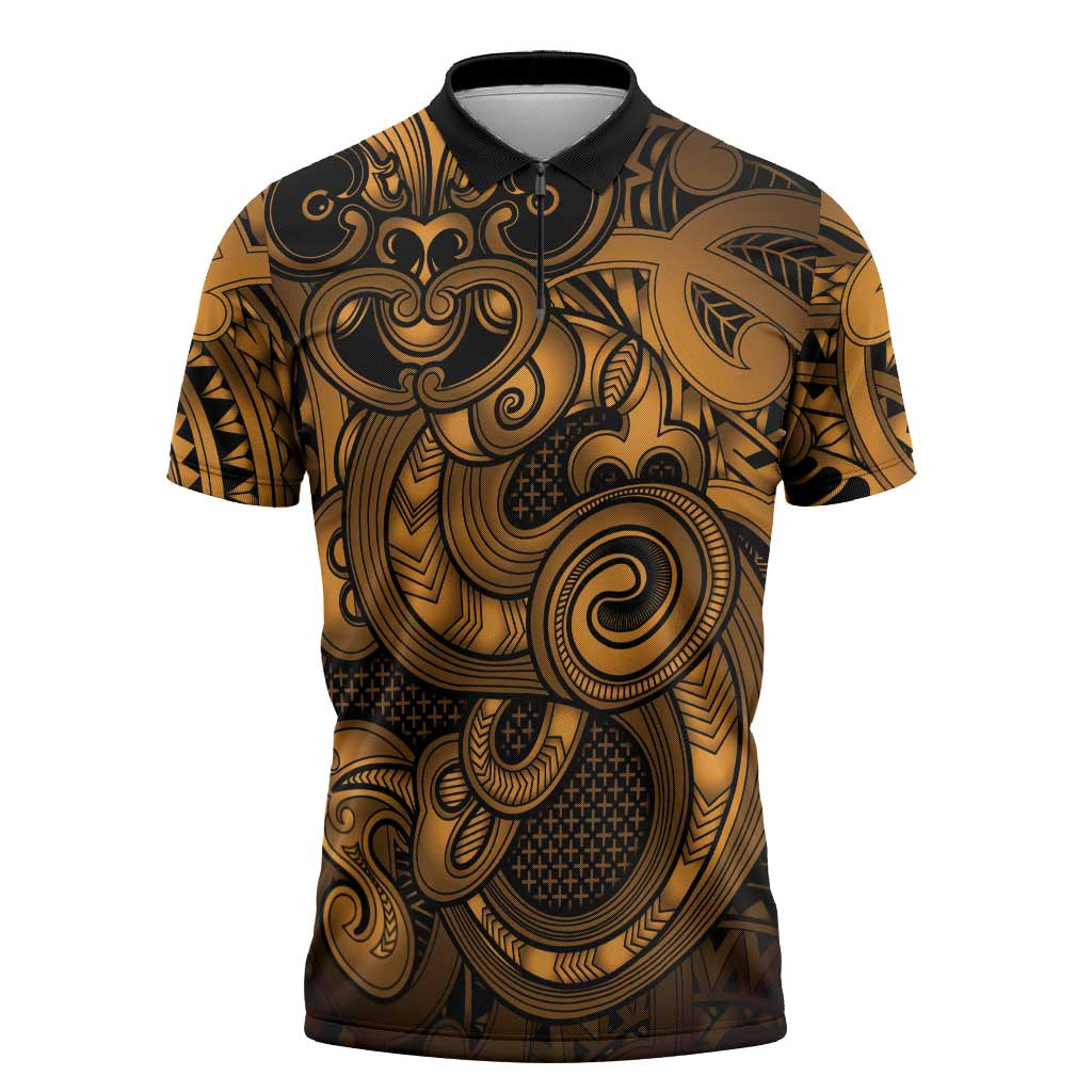Aotearoa Maori Hei Tiki Zipper Polo Shirt Koura Kowhaiwhai Puhoro Motif