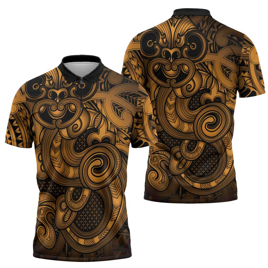 Aotearoa Maori Hei Tiki Zipper Polo Shirt Koura Kowhaiwhai Puhoro Motif
