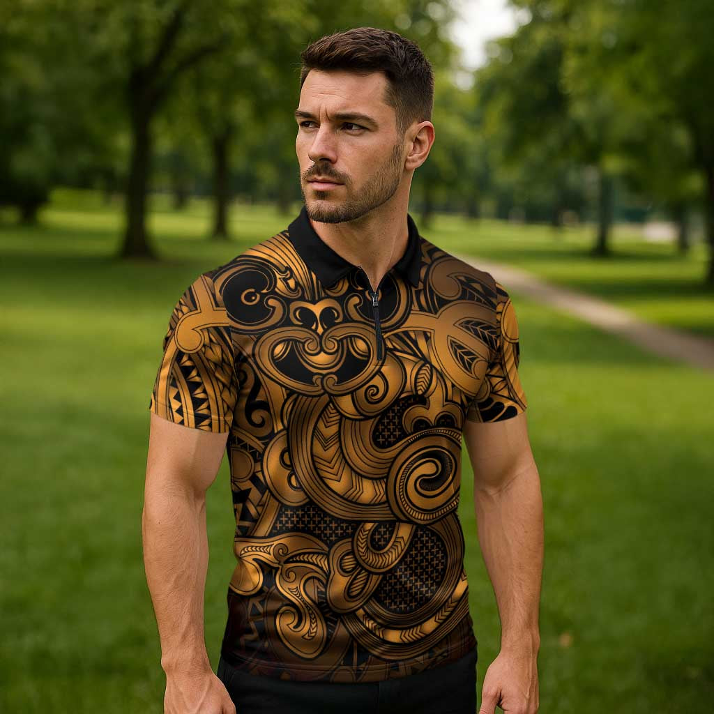 Aotearoa Maori Hei Tiki Zipper Polo Shirt Koura Kowhaiwhai Puhoro Motif