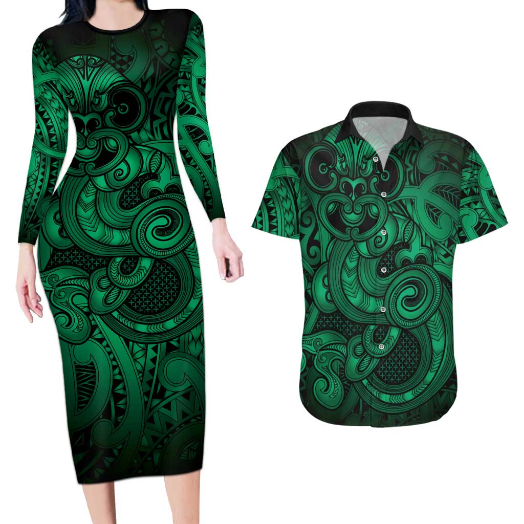 Aotearoa Maori Hei Tiki Couples Matching Long Sleeve Bodycon Dress and Hawaiian Shirt Kakariki Kowhaiwhai Puhoro Motif LT9 Green - Polynesian Pride