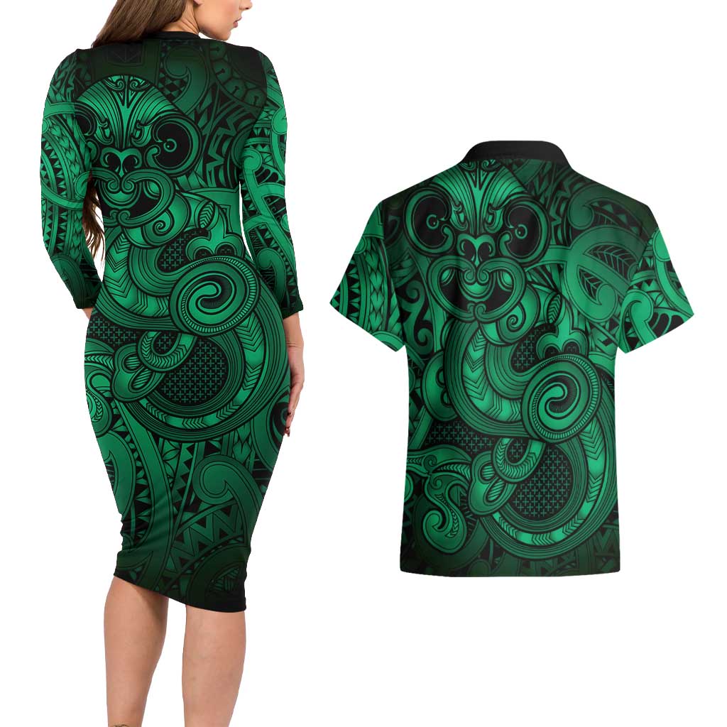 Aotearoa Maori Hei Tiki Couples Matching Long Sleeve Bodycon Dress and Hawaiian Shirt Kakariki Kowhaiwhai Puhoro Motif LT9 - Polynesian Pride
