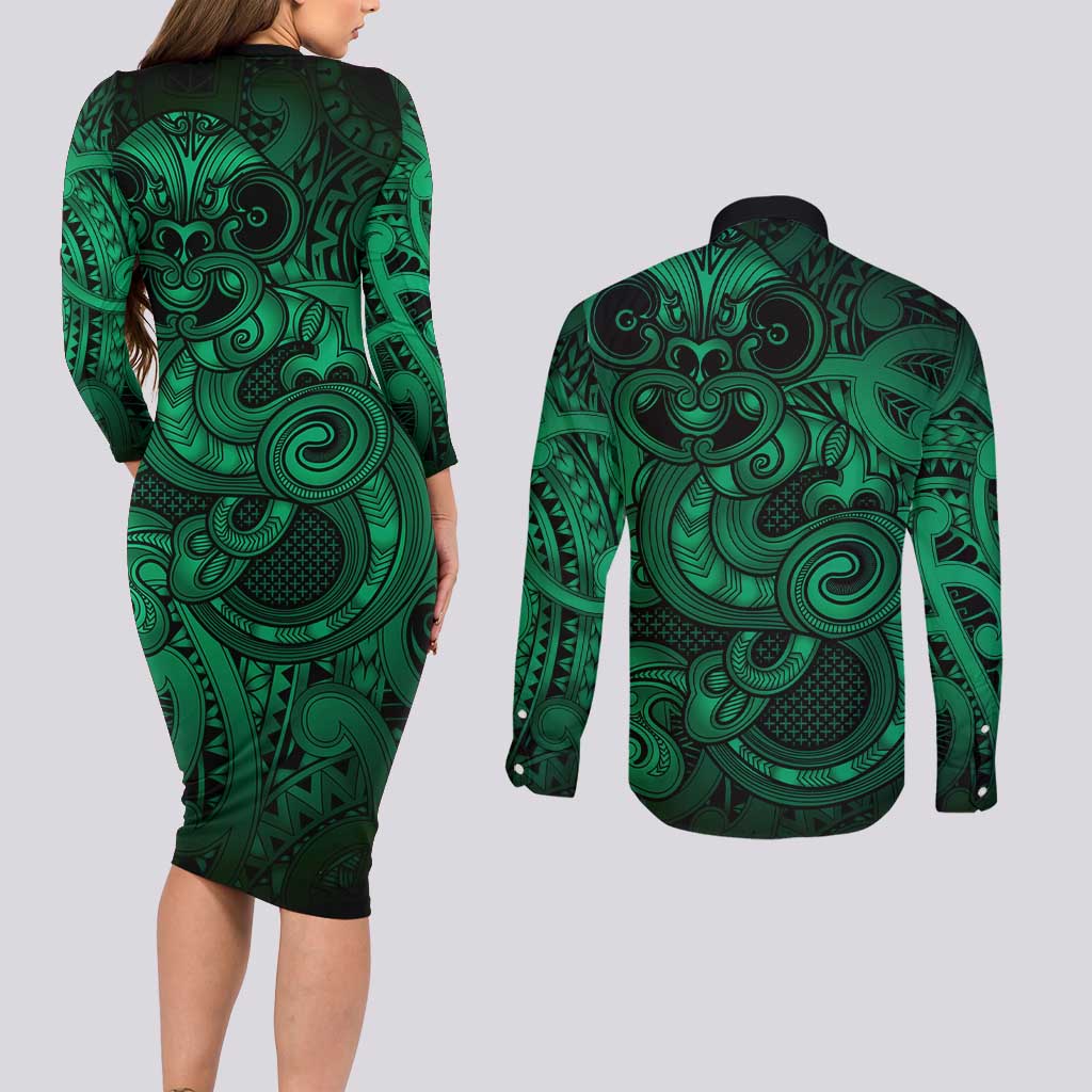 Aotearoa Maori Hei Tiki Couples Matching Long Sleeve Bodycon Dress and Long Sleeve Button Shirt Kakariki Kowhaiwhai Puhoro Motif LT9 - Polynesian Pride