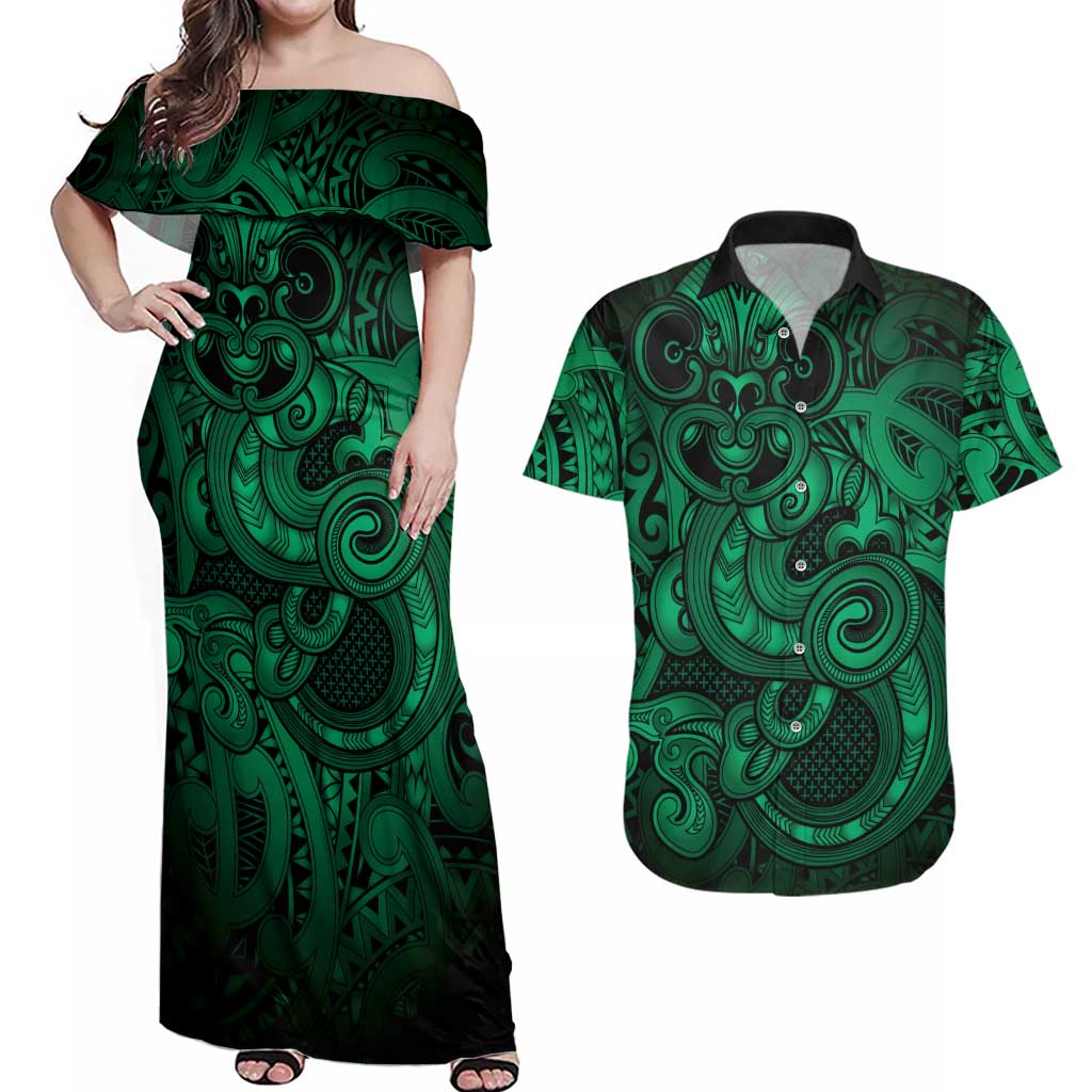 Aotearoa Maori Hei Tiki Couples Matching Off Shoulder Maxi Dress and Hawaiian Shirt Kakariki Kowhaiwhai Puhoro Motif LT9 Green - Polynesian Pride