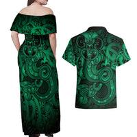 Aotearoa Maori Hei Tiki Couples Matching Off Shoulder Maxi Dress and Hawaiian Shirt Kakariki Kowhaiwhai Puhoro Motif LT9 - Polynesian Pride