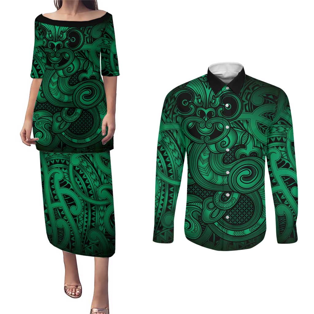 Aotearoa Maori Hei Tiki Couples Matching Puletasi and Long Sleeve Button Shirt Kakariki Kowhaiwhai Puhoro Motif