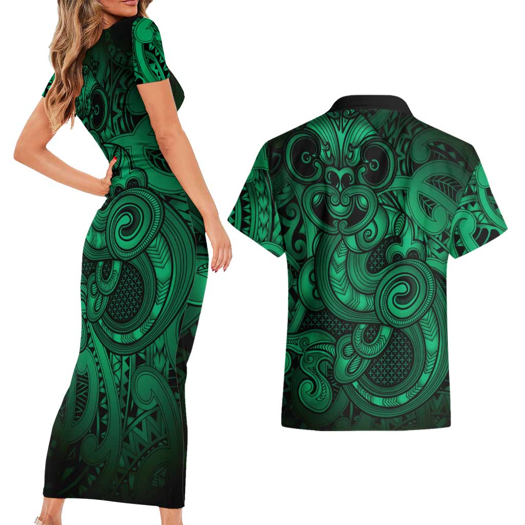 Aotearoa Maori Hei Tiki Couples Matching Short Sleeve Bodycon Dress and Hawaiian Shirt Kakariki Kowhaiwhai Puhoro Motif LT9 - Polynesian Pride