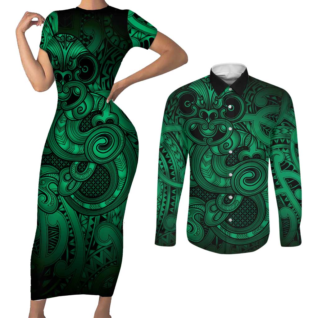 Aotearoa Maori Hei Tiki Couples Matching Short Sleeve Bodycon Dress and Long Sleeve Button Shirt Kakariki Kowhaiwhai Puhoro Motif LT9 Green - Polynesian Pride